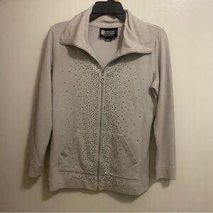 Christine Alexander Womens Lightweight Jeweled Full Zip Jacket S Small Taupe
